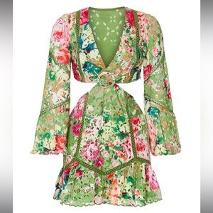 XS Hemant & Nandita short green eyelet crochet cutout dress floral print